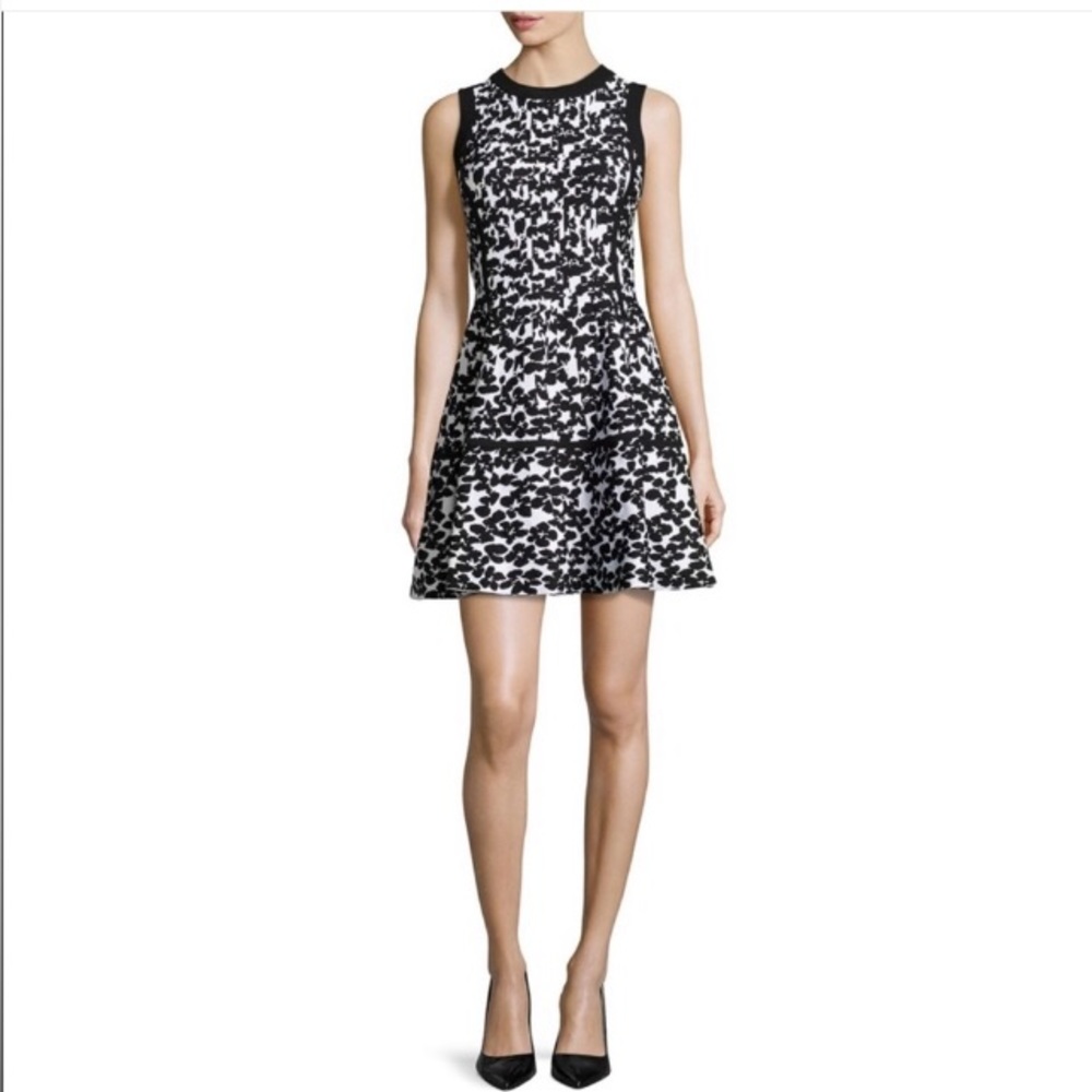Kate Spade Black and White Floral Jacquard Fit and Flare Dress, Size Large.